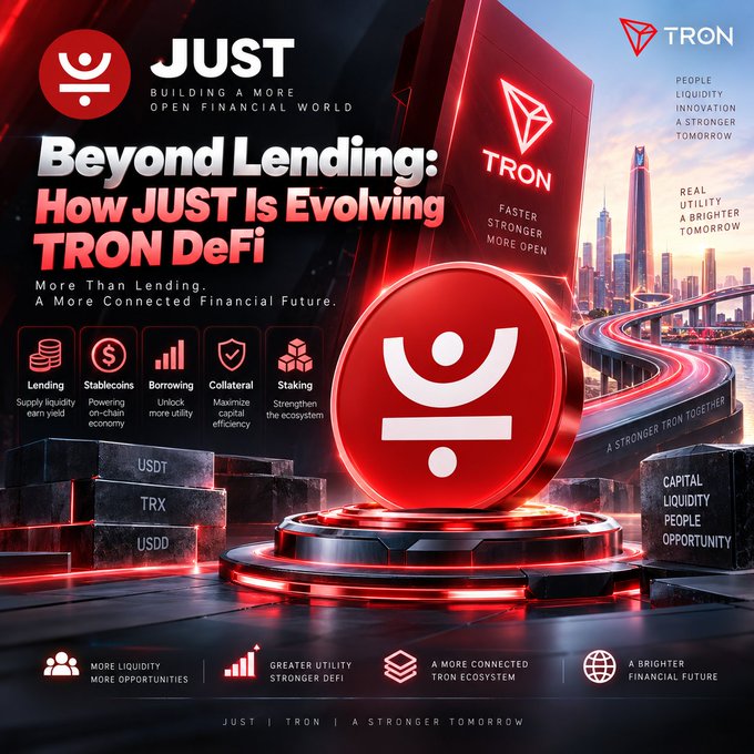 A promotional graphic for JUST and TRON DeFi titled 'Beyond Lending: How JUST Is Evolving TRON DeFi' highlighting features like lending, stablecoins, borrowing, collateral, and staking with tags USDT, TRX, USDD.
