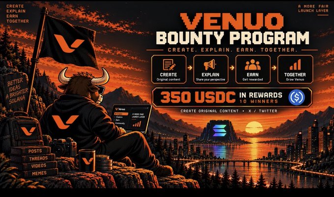 Vibrant orange and black promotional banner for "VENUO BOUNTY PROGRAM" offering "350 USDC IN REWARDS TO 10 WINNERS," with a bull-horned character overlooking a city skyline and icons for Create, Explain, Earn, and Together.