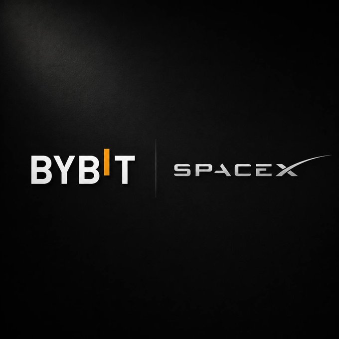 The image features a black background with white text, including the words "Bybit" and "SpaceX", as well as an orange line that reads "1:1 tokenized shares linked to real shares via xStocks infrastructure". The main focus of the image is on the "Bybit" logo, which is positioned above the "SpaceX" logo.