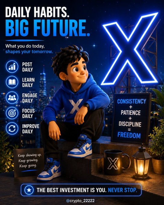 A young animated figure in a blue "X" hoodie sits on steps against a nighttime cityscape, surrounded by motivational icons and text highlighting daily habits like "POST DAILY," "LEARN DAILY," and "ENGAGE DAILY." A prominent neon "X" and a chalkboard reading "CONSISTENCY + PATIENCE + DISCIPLINE = FREEDOM" reinforce the post's message that success is built through consistent daily effort rather than overnight achievement.