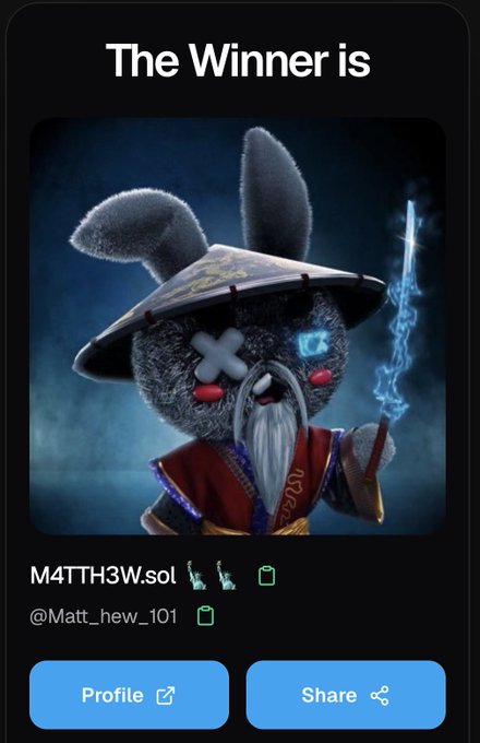 The image is a MetaWin winner announcement screen declaring "The Winner is M4TTH3W.sol (@Matt_hew_101)" with a profile picture of a dark rabbit character wearing a samurai-style hat and robe while holding a glowing sword. This visually confirms the congratulatory post, showing that user @Matt_hew_101 has won the $300 MetaWin prize.