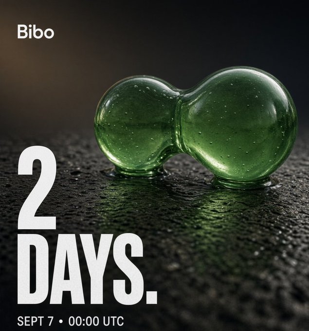 A countdown poster featuring a glossy green, peanut-shaped glass sculpture titled 'Bibo' with text reading '2 DAYS. SEPT 7 • 00:00 UTC'.