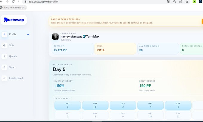 The image shows a screenshot of a computer screen displaying information from a web browser, likely an email or news website. In the screenshot, there are several columns with various data displayed such as the time of day, the user's name (which is "My position @DustswapOnBase"), and their profile on the site. The main focus appears to be a section discussing the user's daily activities and asking if they would like to join other users in pushing up the app by sharing some information with them or leave it at its current state.