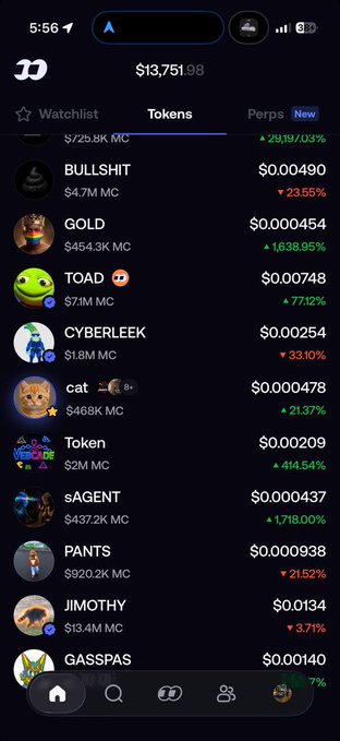 A mobile screenshot of a cryptocurrency tracking app showing a portfolio balance of $13,751.98 and a tokens list including BULLSHIT, GOLD, TOAD, CYBERLEEK, cat, Token, sAGENT, PANTS, JIMOTHY, and GASSPAS with their respective prices and percentage changes.