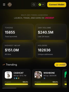 The image shows a crypto token launchpad dashboard displaying stats of 15,855 tokens launched, $240.5M 24-hour volume, $151.0M highest market cap, and 182,636 holders, with trending memecoins like $CA$HOAT and $WISHBONE visible. The platform's branding and multi-DEX token launchpad features align with the post's call to explore early memecoin opportunities, as the dashboard provides the tools and market data needed to discover and trade new tokens on the Robinhood Chain ecosystem.