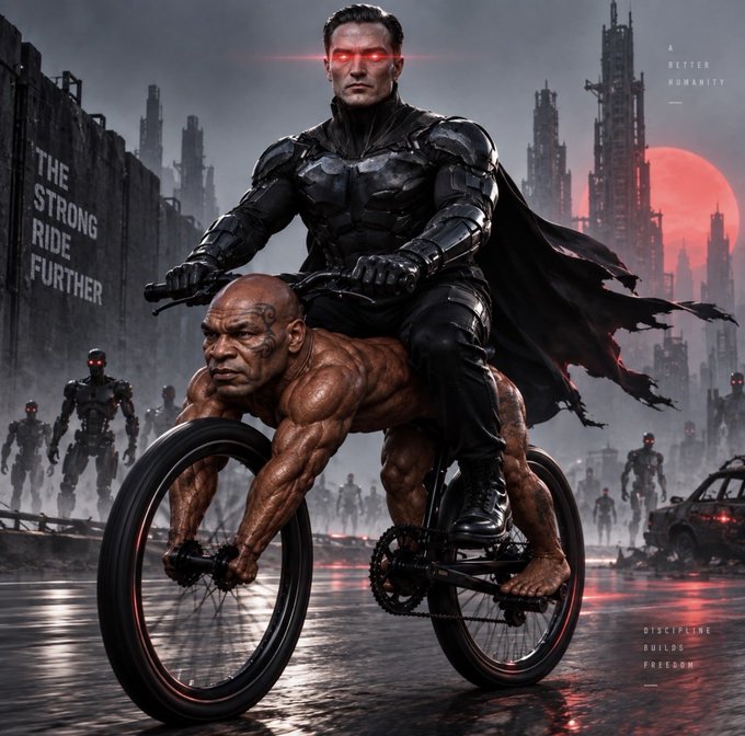 A dystopian digital artwork shows a man in black armor with glowing red eyes riding a bicycle powered by a muscular, bald figure on all fours, with the text 'THE STRONG RIDE FURTHER' on a wall and 'DISCIPLINE BUILDS FREEDOM' in the corner, set in a ruined city under a red moon.