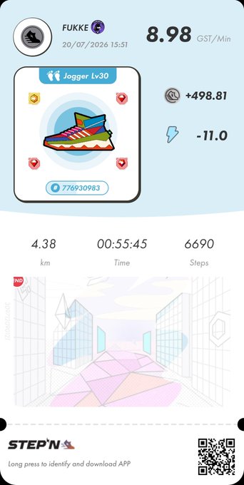 Step'N app screenshot showing user 'FUKKE' earning 8.98 GST/Min with a colorful sneaker NFT (Jogger Lv30) and walking stats (4.38 km, 6690 steps).