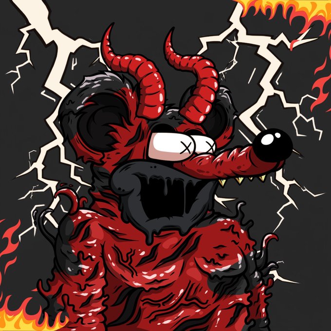 A menacing cartoon illustration of a red horned devil-like creature with 'X' eyes, a long tongue with a black tip, and sharp teeth, surrounded by flames and lightning bolts against a dark background.