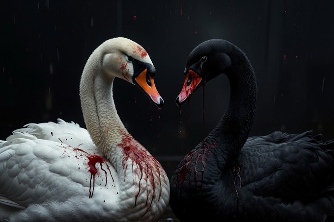 Two swans, one white and one black, are depicted with bloody wounds, symbolizing internal conflict as the US lags in crypto legislation compared to Japan and Russia. The image visually represents the turmoil mentioned in the post regarding the CLARITY Act and crypto regulation for $XRP, $XLM, and $HBAR.