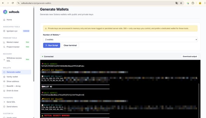Screenshot of the soltools website showing a 'Generate Wallets' page for creating new Solana wallets with public and private keys, displaying generated addresses.