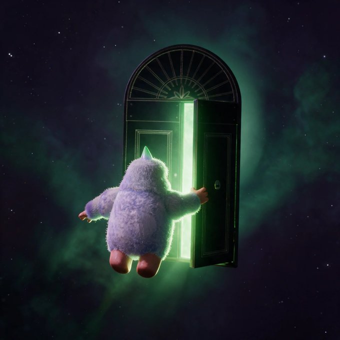 A fluffy, wide-bodied creature with a party hat floats in a starry cosmos, pushing open an arched door that emits an ethereal green glow into the night. The surreal scene pairs with the prompt "Open the door app.bulk.trade," suggesting the door is a portal to the trading platform waiting to be explored.
