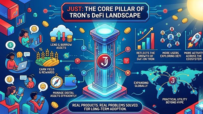 The image presents a colorful cartoon-style poster explaining the concept of a DeFi platform named "TRON's Delta Landscape". It depicts various elements related to DeFi such as lending, borrowing, trading, and other activities. The poster highlights that these platforms focus on providing efficient digital asset management solutions for users who need financial infrastructure services beyond what traditional banks offer. The post emphasizes the importance of DeFi in a blockchain ecosystem by showcasing its core principles and features.
