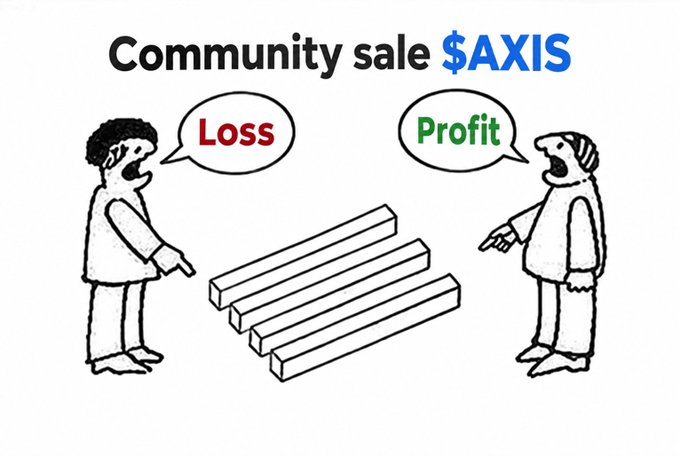 A cartoon meme titled 'Community sale $AXIS' showing two figures pointing at three wooden planks, with one shouting 'Loss' and the other shouting 'Profit'.