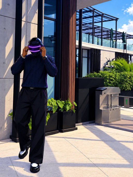 A person dressed in all black stands on a tiled sidewalk outside a modern building, adjusting a black helmet with a glowing purple visor that obscures their face.