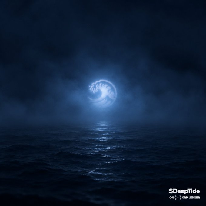 A dark, atmospheric digital artwork showing a glowing wave design in the mist over a moonlit ocean, with text '$DeepTide ON (X) XRP LEDGER' in the bottom right.