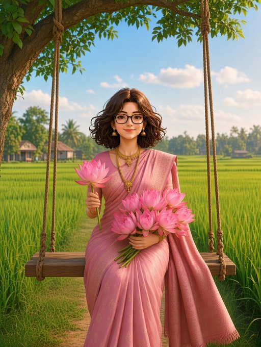 A digital illustration shows a young woman with glasses and a pink saree holding pink lotus flowers while sitting on a wooden swing in a green field.