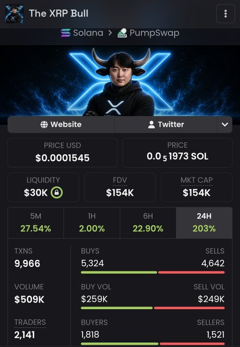 The image displays cryptocurrency data for "The XRP Bull" on Solana, showing its price at $0.0001545 USD and a 203% gain in the last 24 hours. This relates to the post by highlighting a potentially profitable crypto asset.