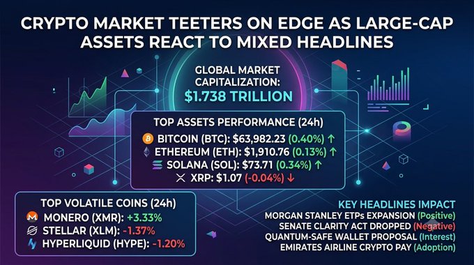 A crypto market infographic titled 'CRYPTO MARKET TEETERS ON EDGE AS LARGE-CAP ASSETS REACT TO MIXED HEADLINES' showing a global market cap of $1.738 trillion, with top assets including BITCOIN at $63,982.23, ETHEREUM at $1,910.76, SOLANA at $73.71, and XRP at $1.07.