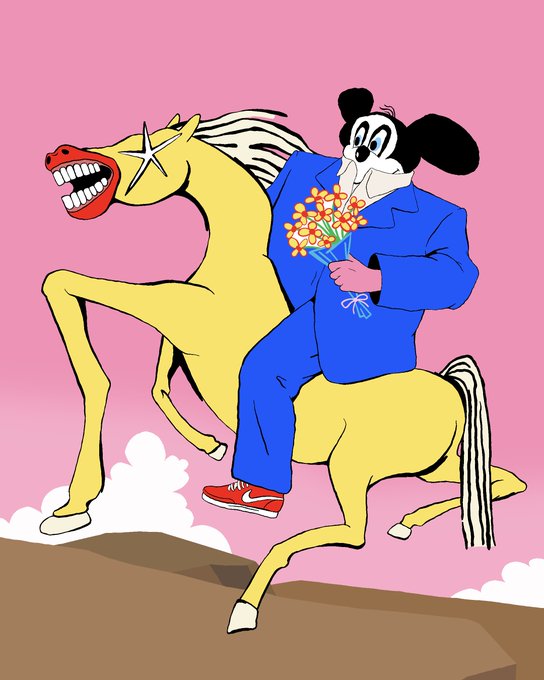 A colorful cartoon shows a Mickey Mouse-like character in a blue suit riding a yellow horse while holding a bouquet of orange flowers against a pink sky.
