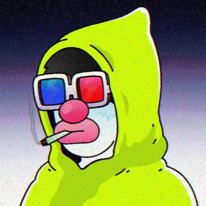 A stylized digital illustration of a figure wearing a bright green hood, 3D glasses with red and blue lenses, and holding a cigarette, set against a gradient purple and blue background.