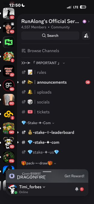 A Discord server interface for 'RunAlong's Official Ser...' with 4,557 members, showing various channel categories including rules, announcements, uploads, stake channels, and a 'pack---draw' section featuring a Dragonfire reward banner.