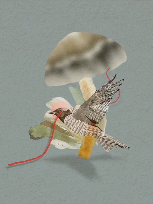 A collage artwork featuring a bird constructed from newspaper clippings perched near a mushroom, accented with a red thread on a gray background.