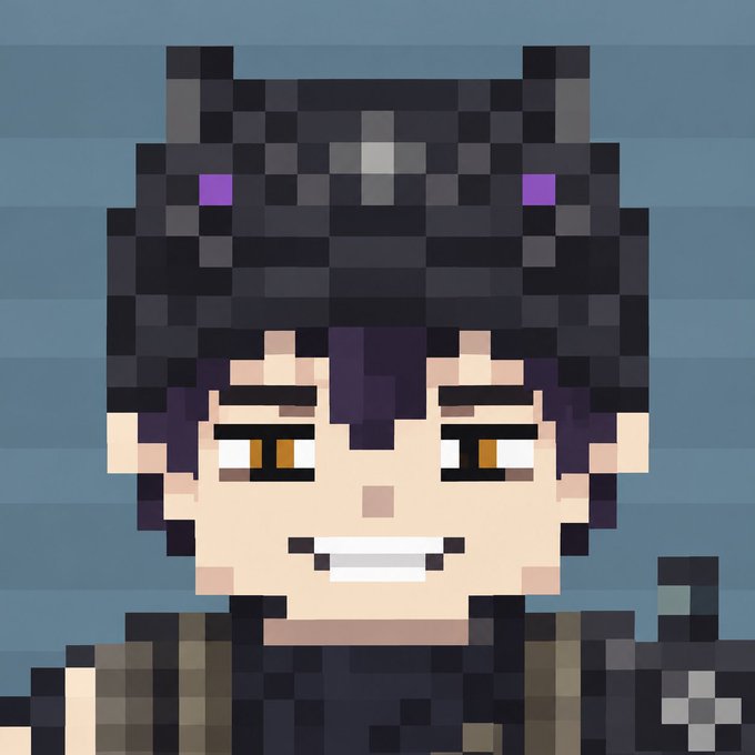 A pixel art portrait shows a character wearing a black cat-eared hood with purple glowing eyes, smiling with a small fang, against a blue-gray background.