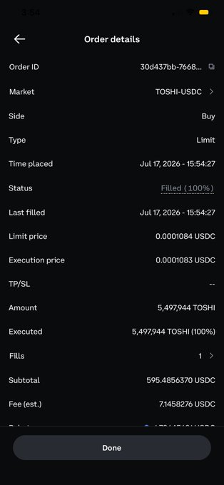 A mobile screenshot of a cryptocurrency order details page showing a filled Buy Limit order for 5,497,944 TOSHI against USDC, with a limit price of 0.0001084 USDC and execution price of 0.0001083 USDC, dated Jul 17, 2026.