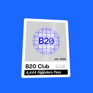 A digital graphic for the 'B20 Club' featuring a blue globe logo and the text '4,444 Founders Pass' on a blue background, established 2026.
