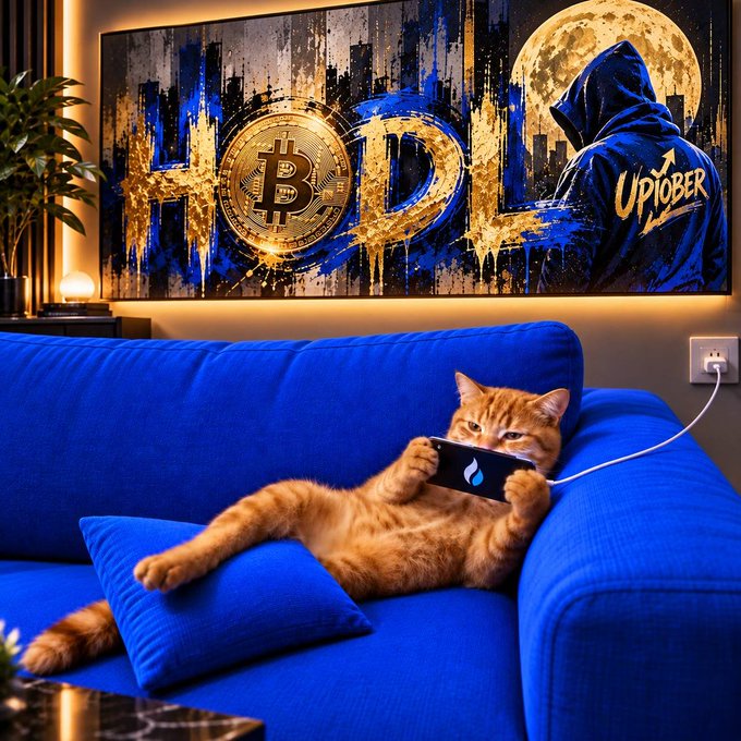 An orange cat relaxes on a vibrant blue couch, holding a phone connected to a wall outlet, beneath a striking Bitcoin-themed artwork featuring the word "HODL," a Bitcoin emblem, and a hooded figure with "UPTOBER" written on their jacket—perfectly capturing the bullish crypto spirit of a "gm, UPTOBER" post.