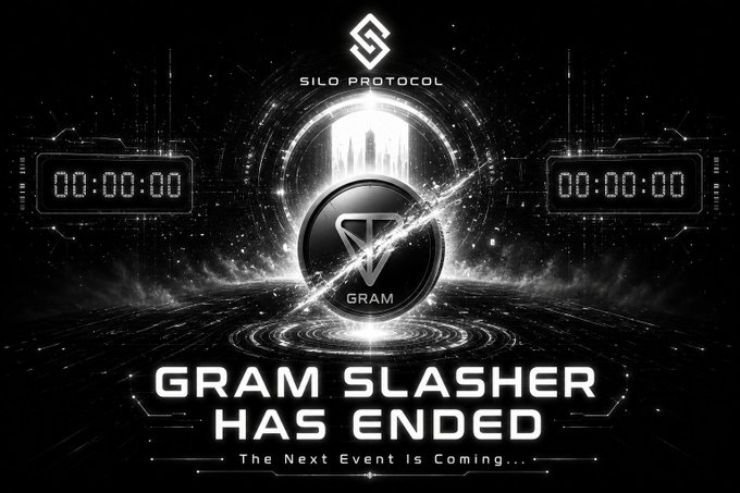 The Silo Protocol "GRAM SLASHER HAS ENDED" graphic announces the conclusion of their 20% OFF event, featuring the GRAM coin and digital countdown timers. This image visually represents the end of a promotional period for the Silo community, with "The Next Event Is Coming..." hinting at future activities.
