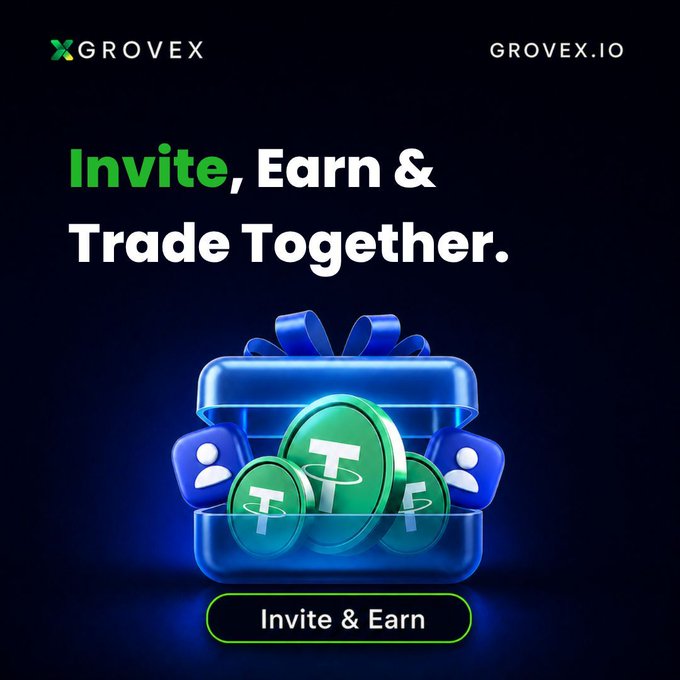 A promotional graphic for GroveX featuring the text "Invite, Earn & Trade Together" alongside a 3D illustration of a blue gift box filled with USDT (Tether) coins and user icons, with an "Invite & Earn" button and the grovex.io URL displayed against a dark background.