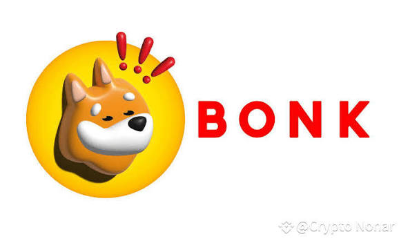 Logo for BONK cryptocurrency featuring a Shiba Inu dog illustration on a yellow circular background with red exclamation marks, credited to @Crypto Nonar.
