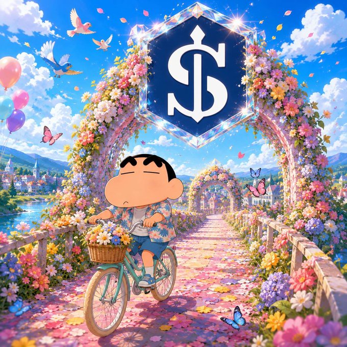 A colorful anime-style illustration features a character resembling Shin-chan riding a bicycle through a flower-covered archway, with a large 'S' monogram logo in the background.