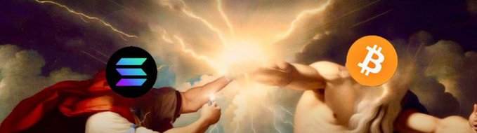 A meme image depicting the Creation of Adam, but with the Solana logo replacing one hand and a Bitcoin logo replacing the other.