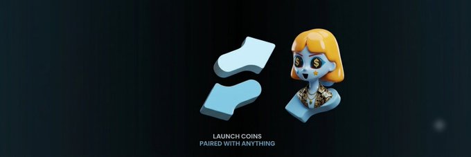 A 3D render of an Ethereum logo and a bust of a woman with dollar signs in her eyes, with text reading "LAUNCH COINS PAIRED WITH ANYTHING".