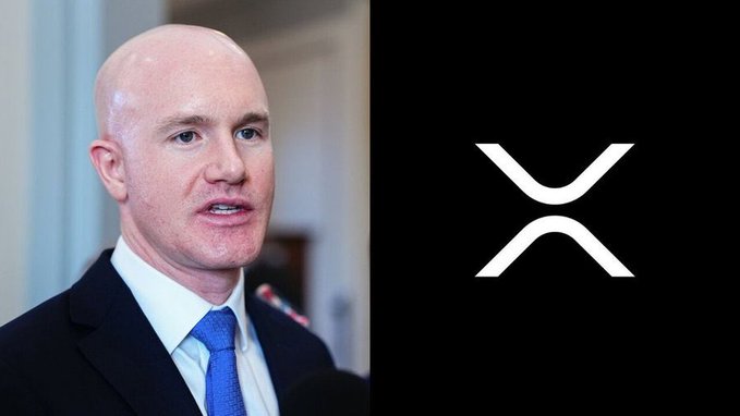 A split image showing a man in a dark suit and blue tie on the left, alongside the XRP logo on a black background on the right.