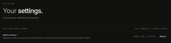 A dark-mode settings page titled 'Your settings' showing a 'Wallet connection' tied to a MetaMask address on Robinhood Chain Mainnet, with a 'Remove' button.