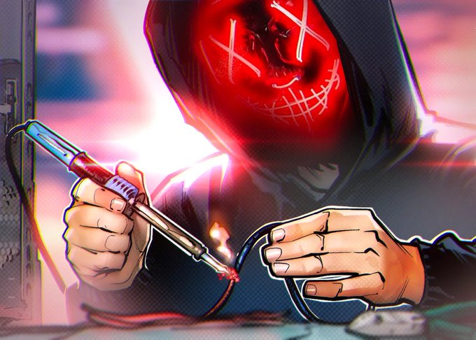 A digital artwork of a person in a dark hoodie with a glowing red face displaying 'X X' eyes and a stitched smile, soldering wires with a lit soldering iron.