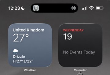 This iPhone screenshot shows the time as 12:23, with a weather widget displaying "United Kingdom 27° Drizzle H:27° L:22°". A calendar widget indicates "WEDNESDAY 19 No Events Today".
