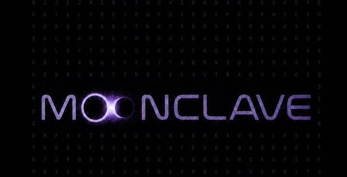 The word "MOONCLAVE" is displayed in glowing purple text with a solar eclipse between the two O's, overlaid on a background of scattered letters.