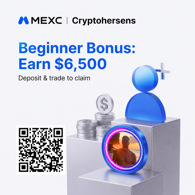 A promotional advertisement for MEXC exchange via 'Cryptohersens' offering a Beginner Bonus of $6,500 to deposit and trade, featuring a QR code, 3D illustrations of a user and dollar coins, and a circular photo of a shirtless man at sunset.