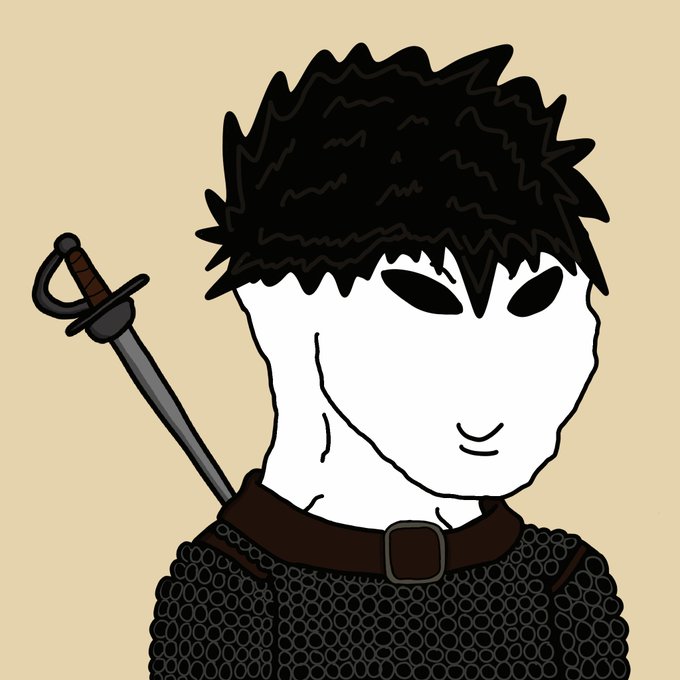 A digital drawing of a character with a white face, black eyes, and black spiky hair, wearing dark chainmail armor with a sword on their back.
