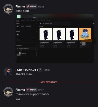A Discord chat shows user "Fimma" with the "MEGA" role posting "done naut" alongside a screenshot displaying "Government Resale" NFT listings, followed by "I CRYPTONAUTT" replying "Thanks man," and "Fimma" responding "thanks for support nacci" and "xixi." The image reflects the post's context by showcasing a member named Nacci receiving support within what appears to be a $MEGA-related community or cartel.