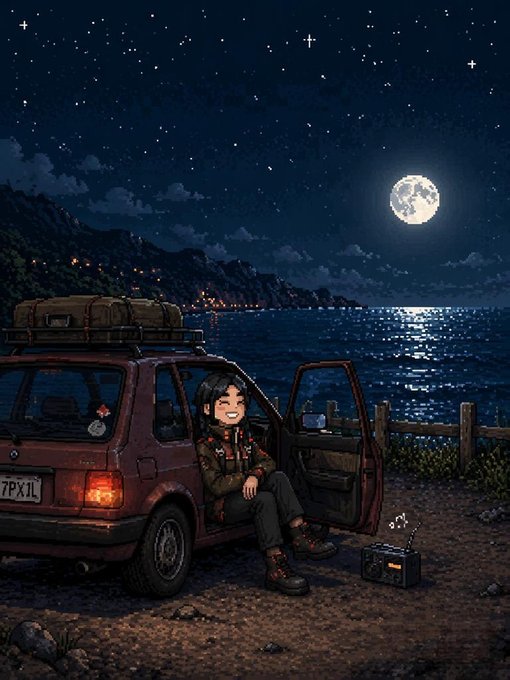 A pixel art illustration of a smiling character sitting in the open door of a red car parked by the sea at night, with a full moon in the starry sky and a small radio nearby.