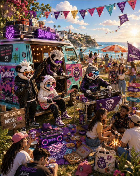 Vibrant scene of 'Bambitz Records' promotional event showing a group in panda masks performing music and DJing from a decorated teal van, surrounded by a beachside crowd enjoying food, sparklers, and a picnic under a sky with bunting flags.