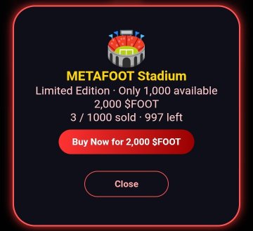 A digital storefront listing for 'METAFOOT Stadium,' described as a limited edition item with only 1,000 available, priced at 2,000 $FOOT, showing 997 left in stock.