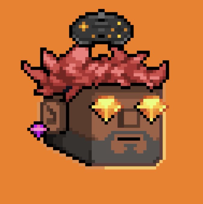 A pixel art illustration of a bearded character with glowing yellow eyes, wearing a red spiked headdress or crown, set against an orange background.