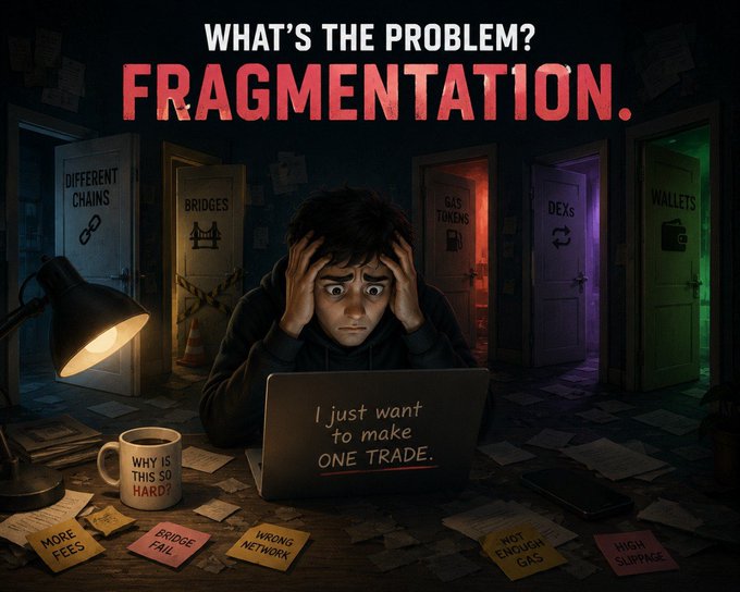 An illustrated meme with the headline 'WHAT'S THE PROBLEM? FRAGMENTATION.' showing a stressed man at a laptop reading 'I just want to make ONE TRADE.', surrounded by doors labeled 'DIFFERENT CHAINS', 'BRIDGES', 'GAS TOKENS', 'DEXs', 'WALLETS' and sticky notes like 'MORE FEES', 'BRIDGE FAIL', 'WRONG NETWORK', 'NOT ENOUGH GAS', and 'HIGH SLIPPAGE'.