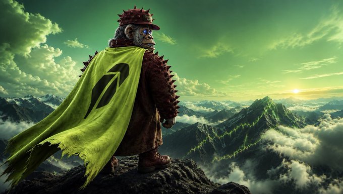 A fantasy creature wearing a spiked helmet and a yellow cape with a black symbol stands on a rocky mountain peak overlooking clouds and green peaks at sunset.